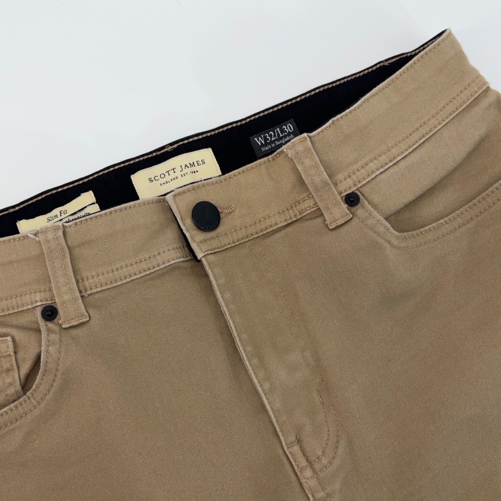 Scott James Mens Slim Fit Khaki Pants‎ Tan 32x30 Stretch Cotton Blend Trousers